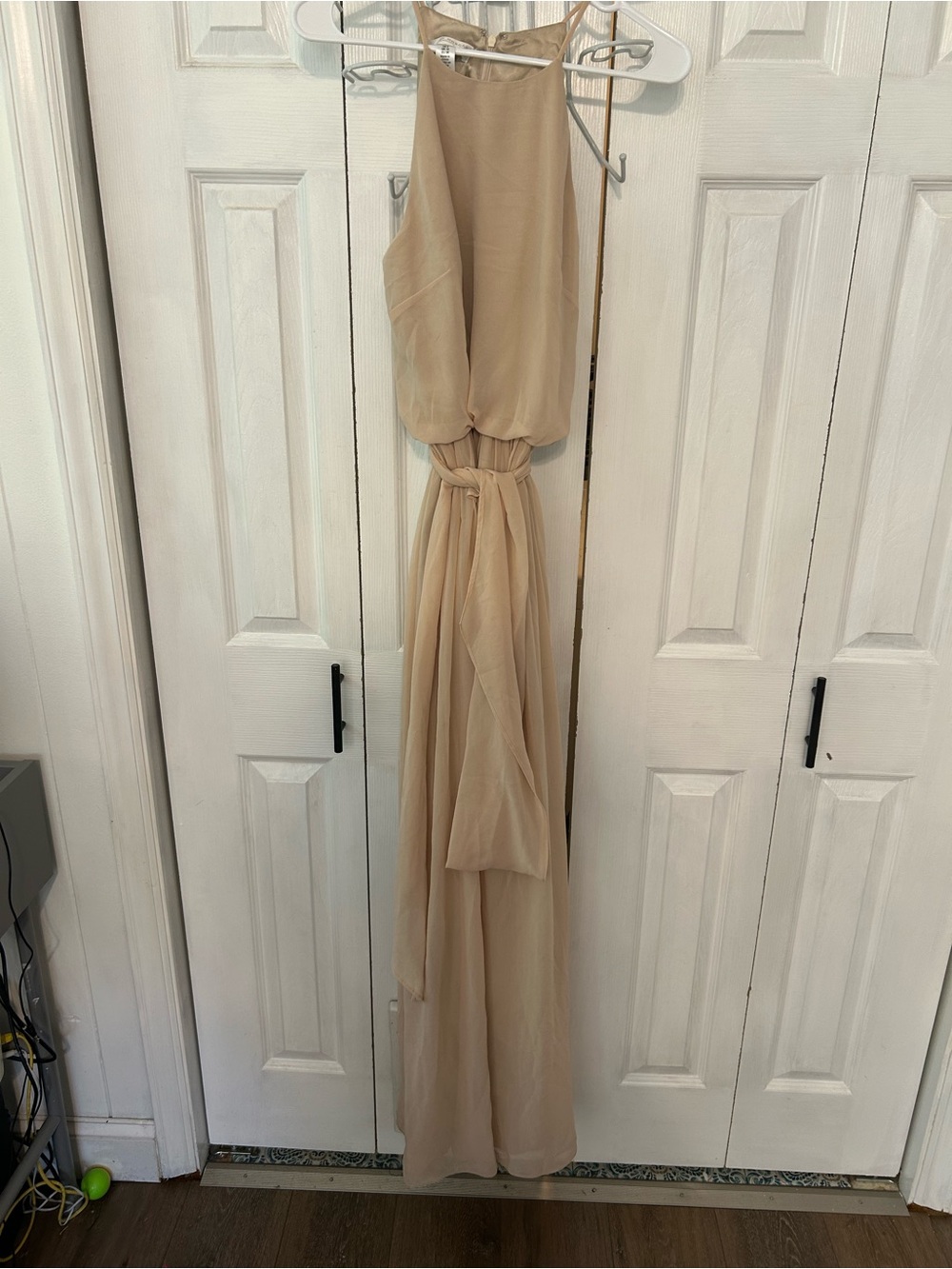 Donna Morgan Beige Halter Maxi Dress with Waist Tie